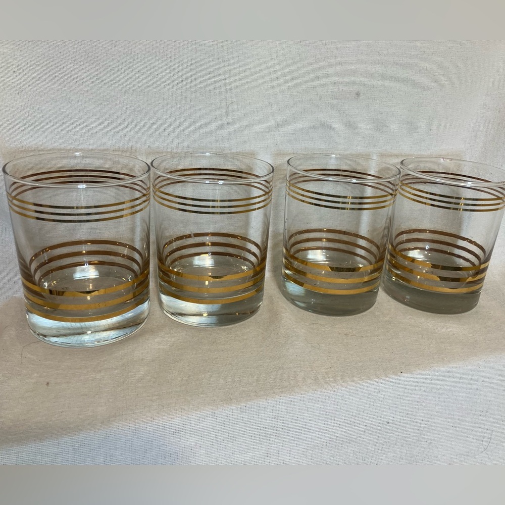 Vintage Mid Century Modern Gold Banded Lowball Cocktail Glasses Set of 4 22K